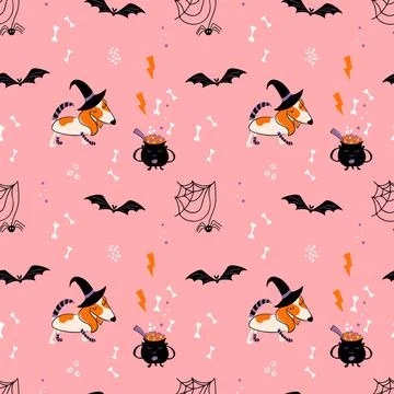 Halloween seamless pattern with puppy in a witch costume. Stock Illustration