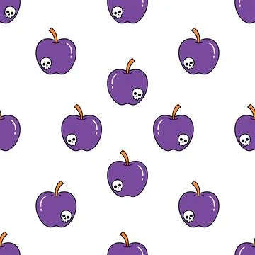 Halloween seamless pattern with purple poisoned apples and skulls on white .. Stockillustratie