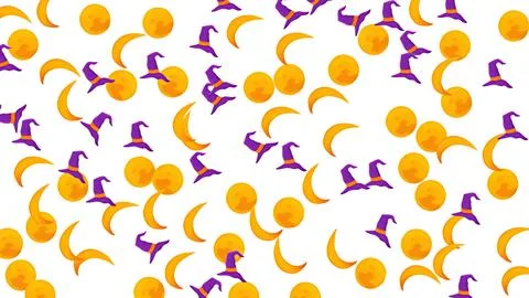 Halloween seamless pattern with purple witch hats and yellow moons on white.. Stock Illustration