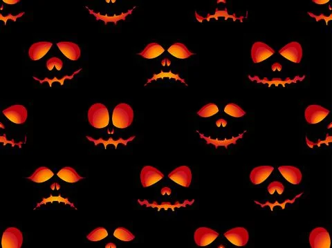Halloween seamless pattern with scary face. Fire evil eyes on black 스톡 일러스트