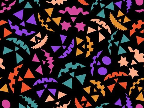 Halloween seamless pattern with scary faces. Colorful pumpkin faces carved .. Stock Illustration