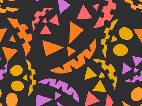 Halloween seamless pattern with scary faces. Colorful pumpkin faces carved .. Stock Illustration