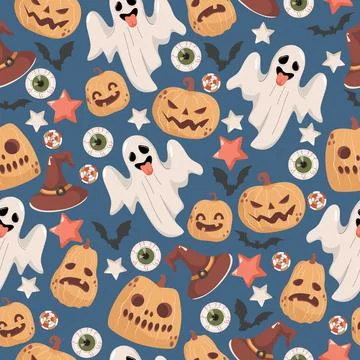 Halloween seamless pattern. Scary ghosts, witch hats, stars, bats, candies Stock Illustration