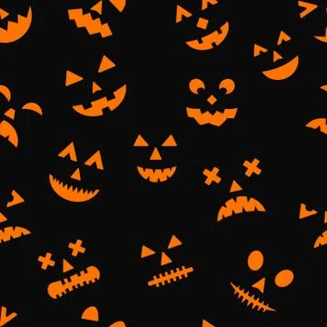 Halloween seamless pattern with scary pumpkin faces on black background. Easy Stock Illustration