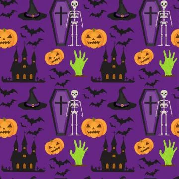 Halloween seamless pattern. Scary repeating texture with coffin, castle, pumpkin Stock Illustration