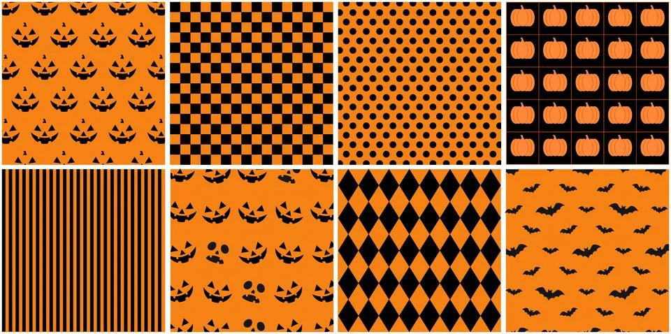 Halloween Seamless Pattern Set with Pumpkins, Bats and Geometric Backgrounds Stock Illustration