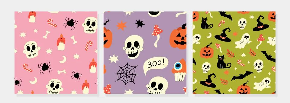 Halloween seamless pattern set with skulls pumpkins and ghosts Stock Illustration