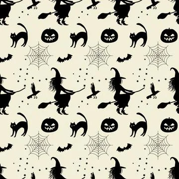 Halloween seamless pattern. Silhouette of a witch on a broomstick, cat, bat, 스톡 일러스트