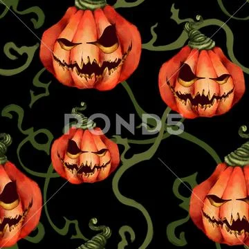 Halloween. Seamless pattern of sinister pumpkins and shoots. Creepy face On a Stock Illustration