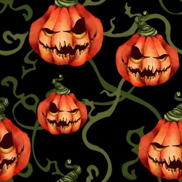 Halloween. Seamless pattern of sinister pumpkins and shoots. Creepy face On a Illustrazione stock