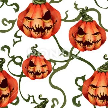 Halloween. Seamless pattern of sinister pumpkins and shoots. Creepy face On Stock Illustration