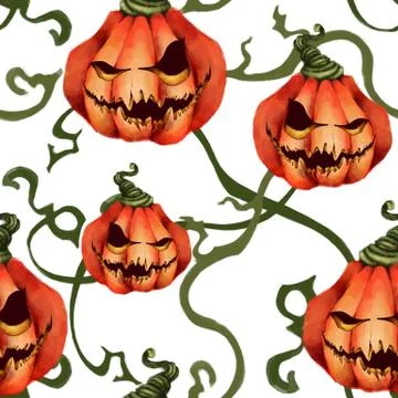 Halloween. Seamless pattern of sinister pumpkins and shoots. Creepy face On Stock Illustration