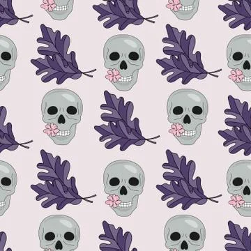 Halloween Seamless Pattern SKULL AND LEAVES Stock Illustration