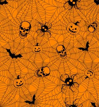 Halloween Seamless Pattern with Skulls, Pumpkins, Bats and Spiders Stock Illustration