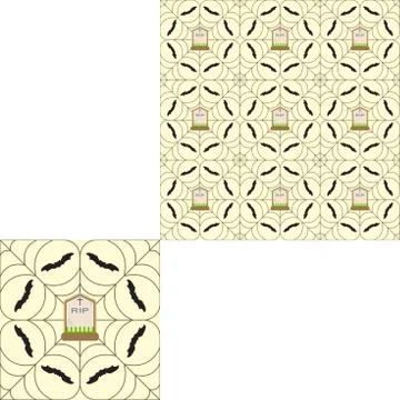 Halloween seamless pattern with spider net, headstone in center and bats on t Stock Illustration
