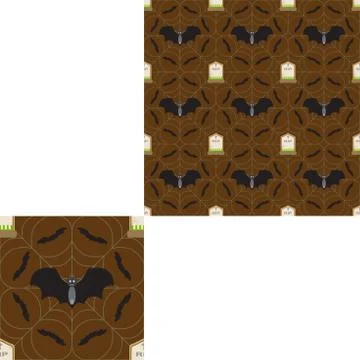 Halloween seamless pattern with spider net, bat in center and headstones on t Stock Illustration