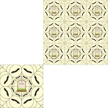 Halloween seamless pattern with spider net, headstone in center and two rings Stock Illustration