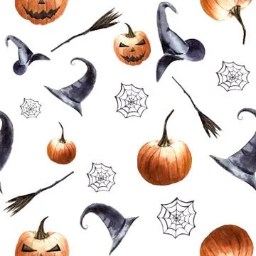 Halloween seamless pattern, spider web, pumpkins, witch's hat, witch's broom Stock Illustration