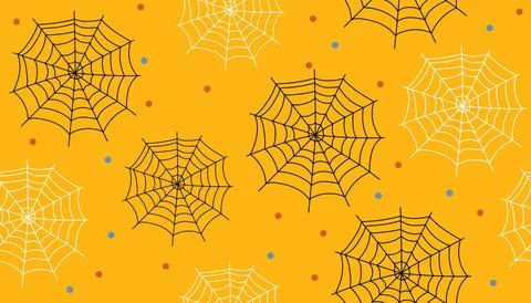 Halloween seamless pattern with spider web and tiny dots on yellow background Stock Illustration