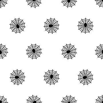 Halloween seamless pattern with spider webs and spiders in black and white. Illustrazione stock