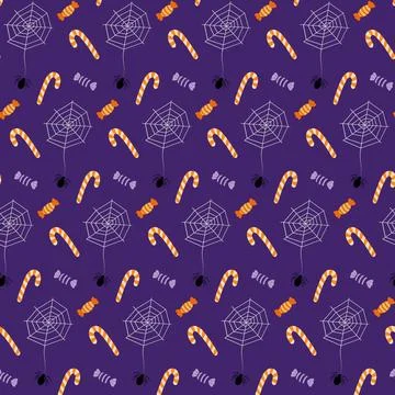 Halloween Seamless Pattern with spiders, cobwebs, candy canes and colorful Stock Illustration