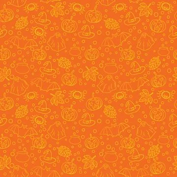 Halloween seamless pattern with spiders, witch cauldron, bat, ghost, pumpkin. Stock Illustration