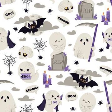 Halloween Seamless Pattern with Spooky Ghost Vampire, Grim Reaper, Tombstone Stock Illustration