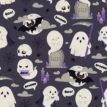 Halloween Seamless Pattern with Spooky Ghost Vampire, Grim Reaper, Tombstone Stock Illustration