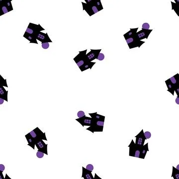 Halloween seamless pattern with spooky haunted houses and full moon on a wh.. Stock Illustration