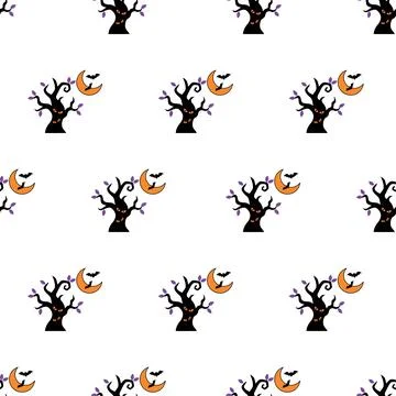 Halloween seamless pattern with spooky trees and crescent moons. Stock Illustration