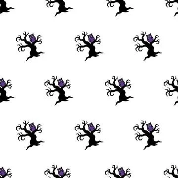 Halloween seamless pattern with spooky trees and purple owls. Stock Illustration