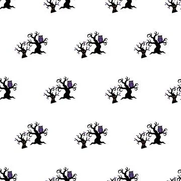 Halloween seamless pattern with spooky trees and owls. Stock Illustration