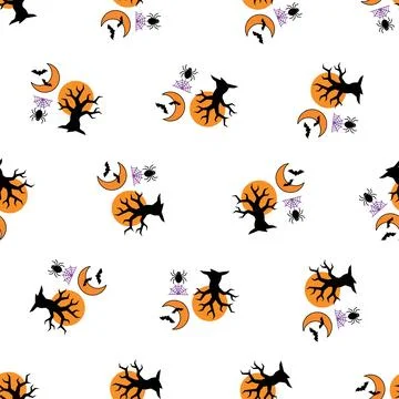 Halloween seamless pattern with spooky trees, bats, moon, and spiders on wh.. Stock Illustration