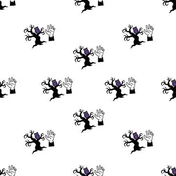 Halloween Seamless Pattern With Spooky Trees And Hands. Stock-Illustration