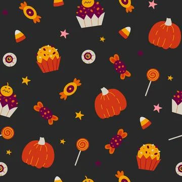 Halloween seamless pattern with sweets and pumpkins. Illustrazione stock