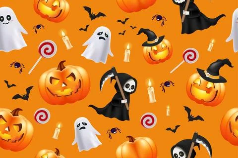 Halloween seamless pattern texture with cute pumpkins, ghosts, grim reaper Stock Illustration