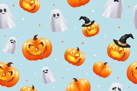 Halloween seamless pattern texture with cute pumpkins and ghosts Stock Illustration