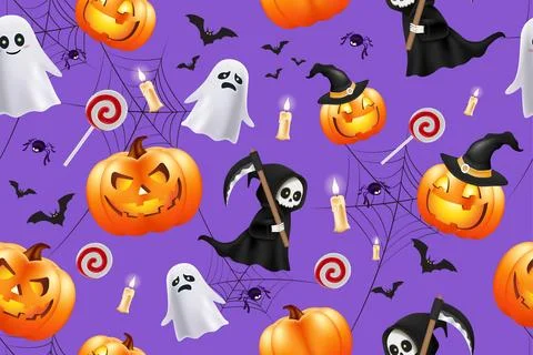 Halloween seamless pattern texture with cute pumpkins Stock Illustration