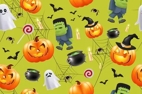 Halloween seamless pattern texture with cute pumpkins, ghosts, Frankenstein Stock Illustration
