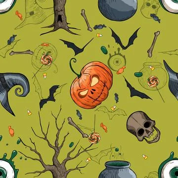 Halloween seamless pattern, texture with pumpkins, bones, bats Stock Illustration