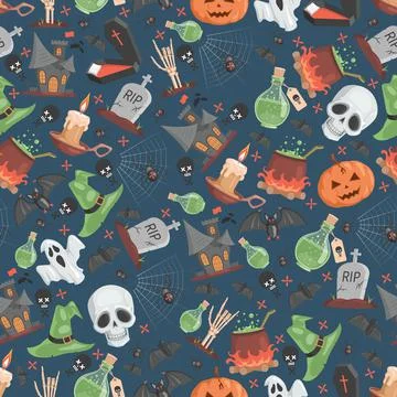 Halloween seamless pattern. Trick or treat Halloween party vector flat cartoon Stock Illustration