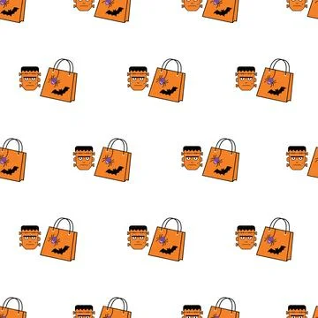 Halloween seamless pattern with trick or treat bags and monsters. Illustrazione stock