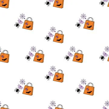 Halloween seamless pattern with trick or treat bags, spiders, and snowflake.. Stock Illustration