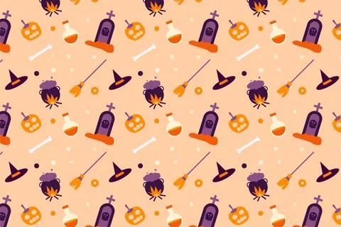 Halloween seamless pattern vector with broomsticks, poisons, and tombstones,  Illustrazione stock