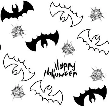 Halloween seamless pattern. Vector Hand Drawn. Bat and spider web. Line art Stock Illustration