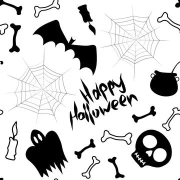 Halloween seamless pattern. Vector Hand Drawn. Spider web, bat, ghost, bone, Illustrazione stock