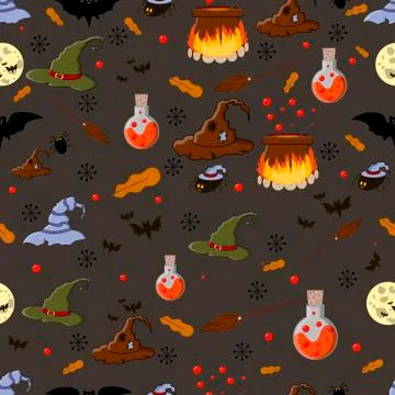 Halloween seamless pattern vector illustration with potion, cauldron, witch h Stock Illustration