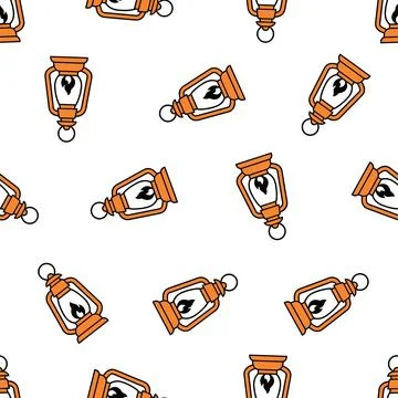 Halloween seamless pattern with vintage orange lanterns and spooky fire. Stock Illustration