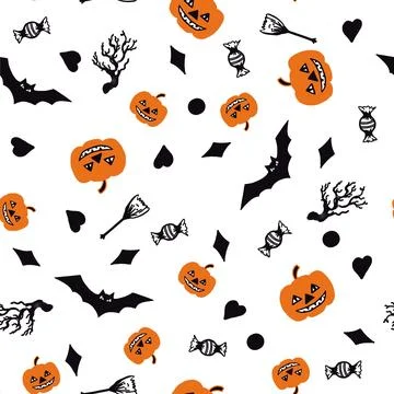 Halloween seamless pattern on a white background with the bat, pumpkin イラスト素材