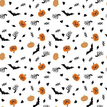 Halloween seamless pattern on a white background with the bat, pumpkin Illustrazione stock